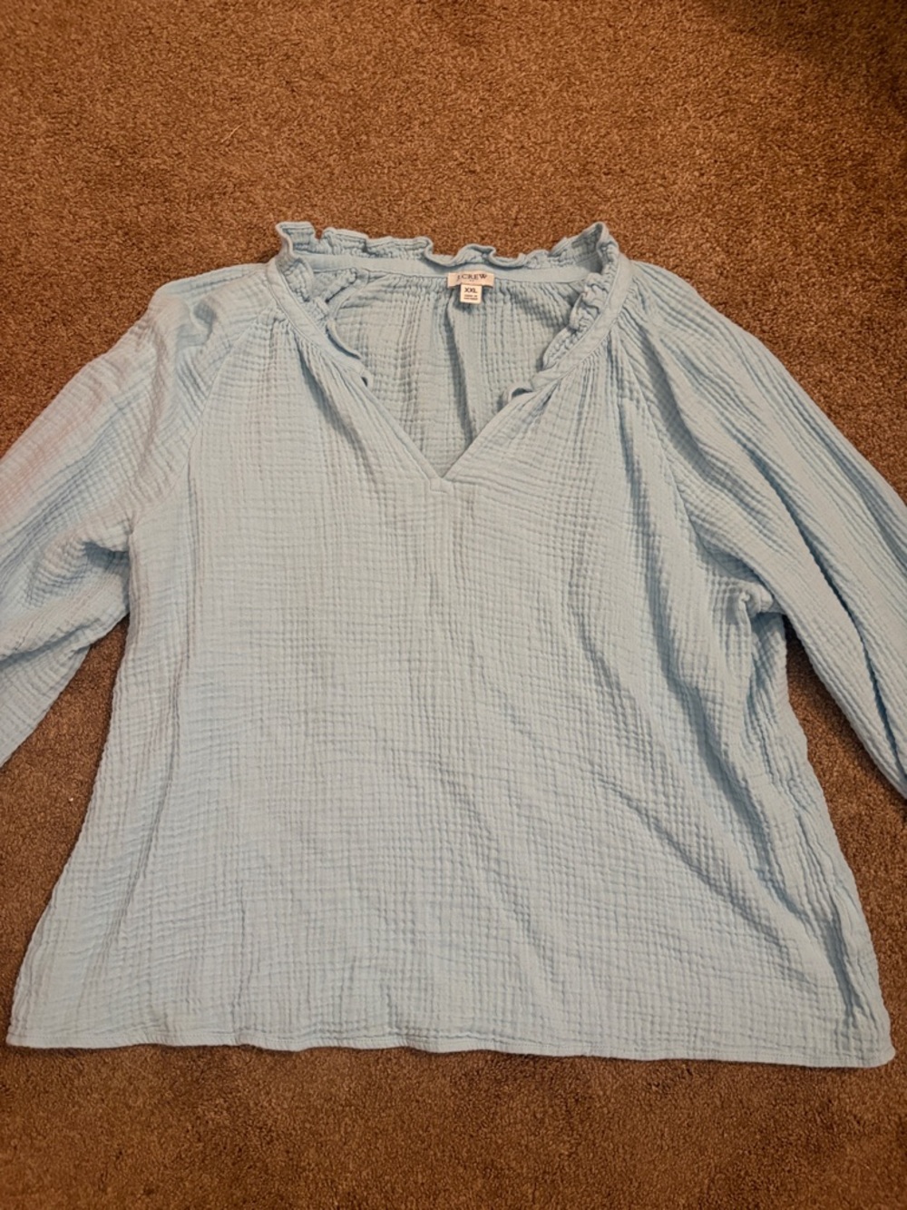 J. Crew Light Blue Ruffled V-Neck Long Sleeve Top
